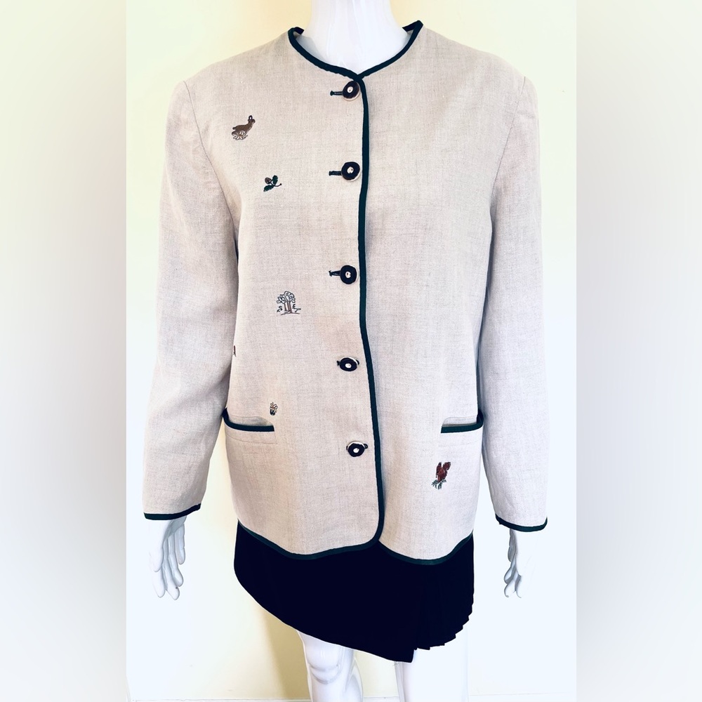 Cream beige 100% linen blazer cute animals Embroidered dark green trims US XXL